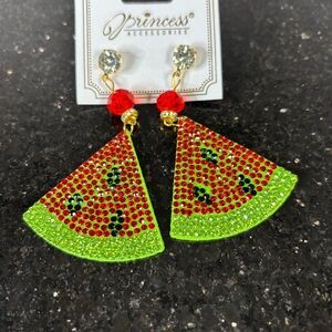 ✨5/$25 Deal!✨ Watermelon Slice Crystal Dangle Earrings - Red & Green
